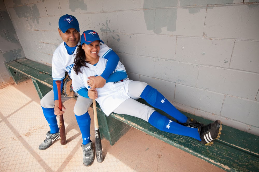 baseball themed engagement shoot Toronto blue jays