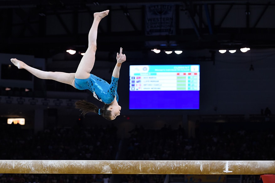 Isabela Onyshko of team Canada competes in the beam event of the Women’s All Around Final at the Toronto Coliseum on Monday.