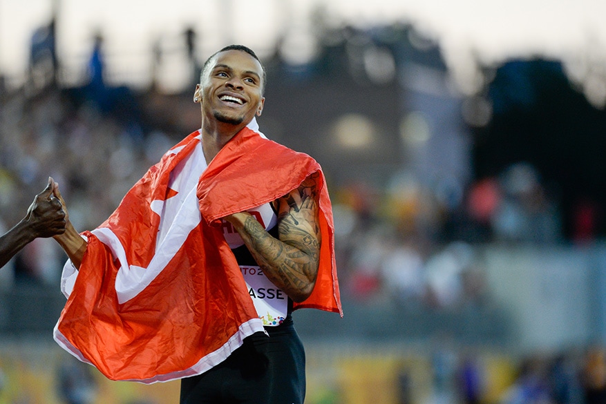 Andre De Grasse of Canada finishes first in the men’s 100m final on Wednesday at the CIBC Athletics Stadium as part of the Pan Am Games 2015 in Toronto.