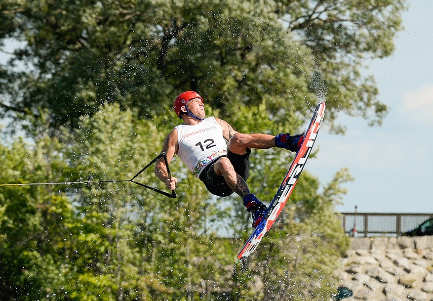 Rusty Malinoski of Canada competes in the Wakeboard finals of the Pan Am Games in Toronto on Wednesday.  Rusty finished first to win the gold medal. 