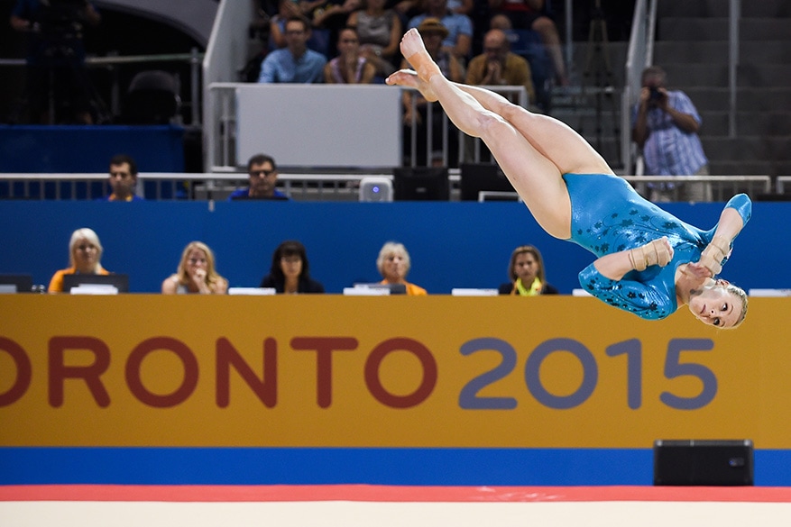 Ellie Black of team Canada competes in the floor event of the Women’s All Around Final at the Toronto Coliseum on Monday.  Ellie Black finished with the gold.