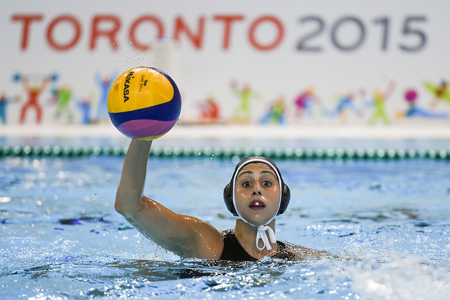 Joelle Bekhazi of team Canada competes in the women’s water polo gold medal match against the United States.  USA defeated team Canada 13-4. 