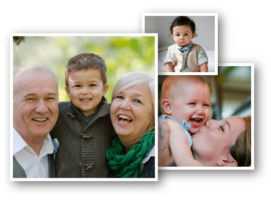 Family photograph collage with three album photos of children, grandparents, and babies