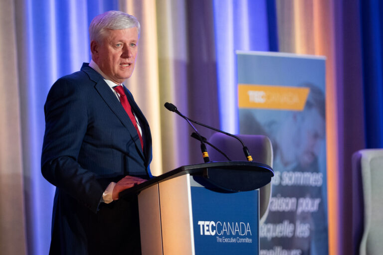 Prime Minister Stephen Harper speaking at a conference in Toronto