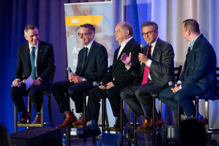 Panel of speakers at a Canadian Conference in Toronto, Mark Sutcliffe, Charles St-Arnaud, Brian Topp, Goldy Hyder, Chris Casey